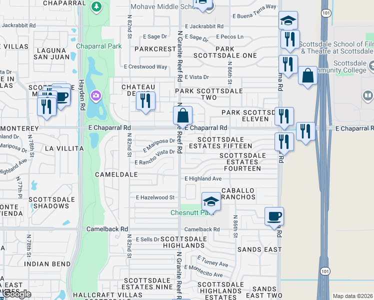 map of restaurants, bars, coffee shops, grocery stores, and more near 4961 North Granite Reef Road in Scottsdale