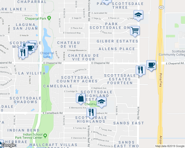map of restaurants, bars, coffee shops, grocery stores, and more near 4961 North Granite Reef Road in Scottsdale