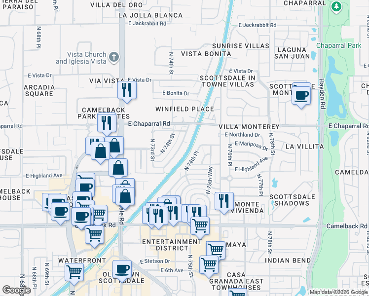 map of restaurants, bars, coffee shops, grocery stores, and more near 4916 North Woodmere Fairway in Scottsdale