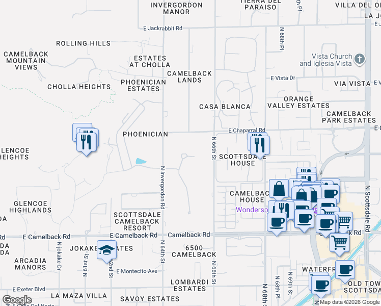 map of restaurants, bars, coffee shops, grocery stores, and more near 6515 East Chaparral Road in Scottsdale