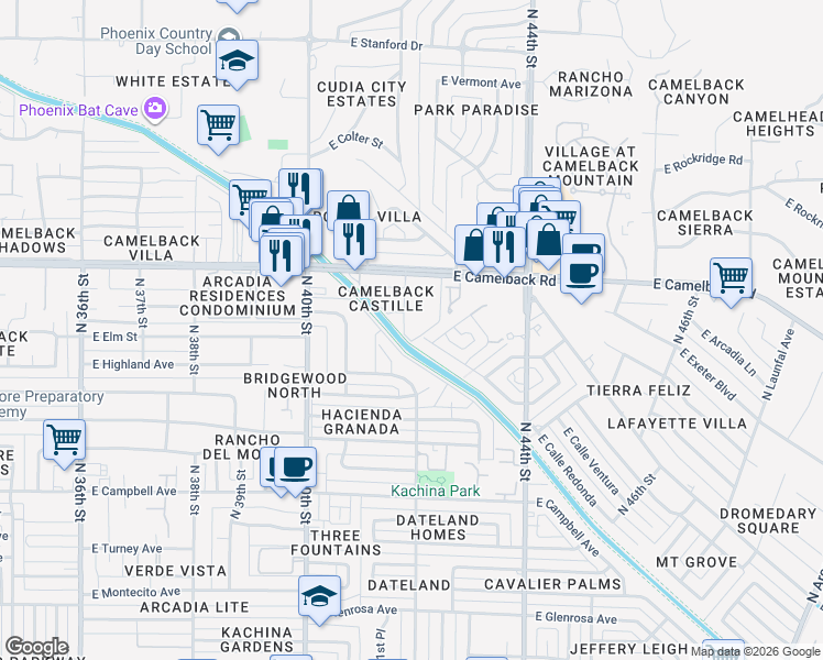 map of restaurants, bars, coffee shops, grocery stores, and more near 4148 East Calle Redonda in Phoenix