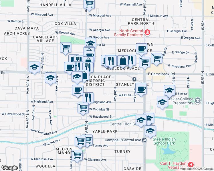 map of restaurants, bars, coffee shops, grocery stores, and more near 316 West Mariposa Street in Phoenix