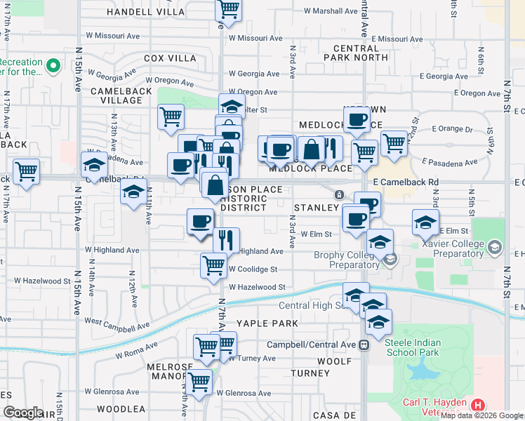 map of restaurants, bars, coffee shops, grocery stores, and more near 316 West Mariposa Street in Phoenix