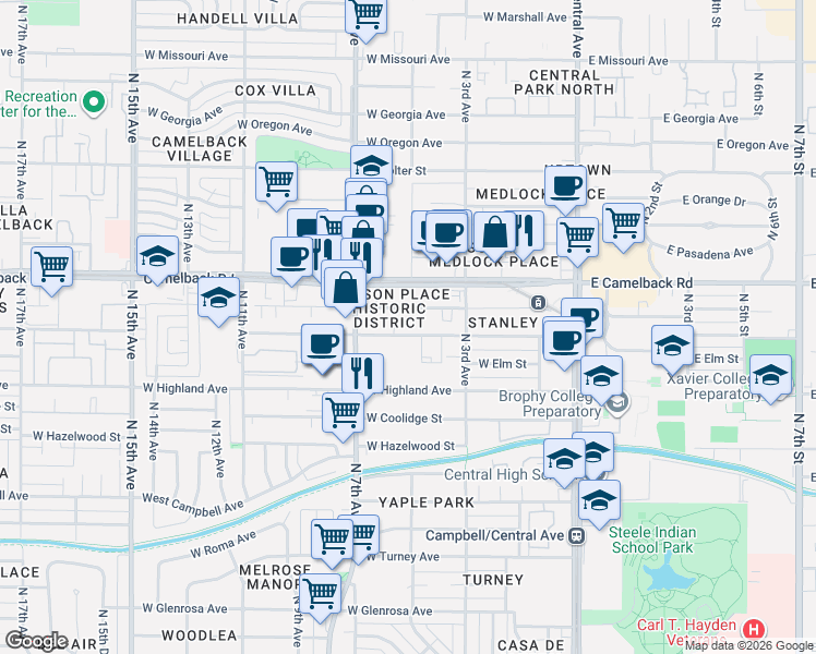 map of restaurants, bars, coffee shops, grocery stores, and more near 316 West Mariposa Street in Phoenix