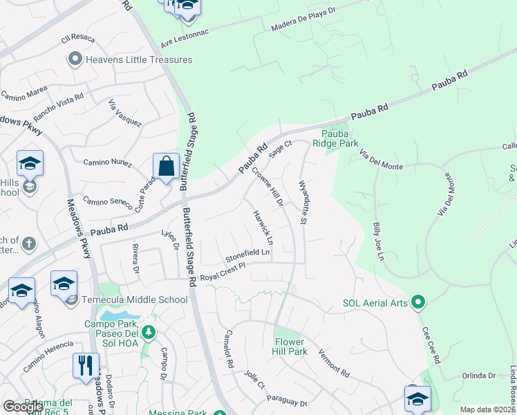 map of restaurants, bars, coffee shops, grocery stores, and more near 33004 Paoli Court in Temecula