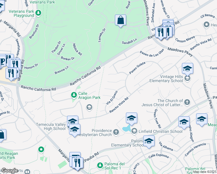 map of restaurants, bars, coffee shops, grocery stores, and more near 31384 Corte Tunas in Temecula