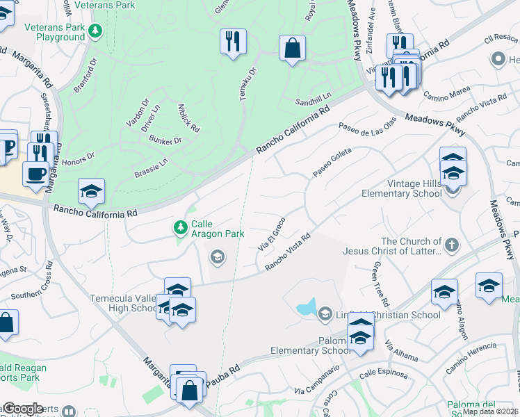 map of restaurants, bars, coffee shops, grocery stores, and more near 31376 Corte Montiel in Temecula