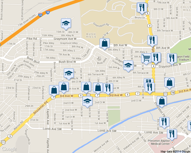 map of restaurants, bars, coffee shops, grocery stores, and more near 1308 4th Terrace West in Birmingham