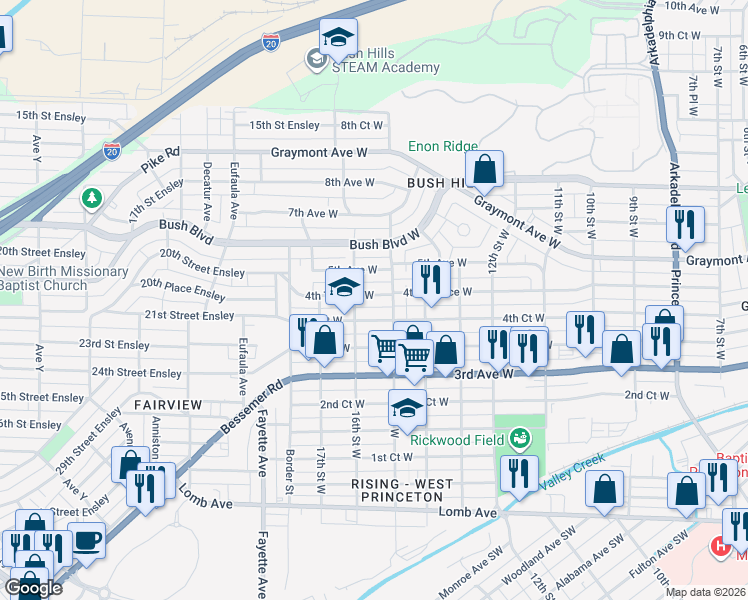 map of restaurants, bars, coffee shops, grocery stores, and more near 1516 5th Alley in Birmingham
