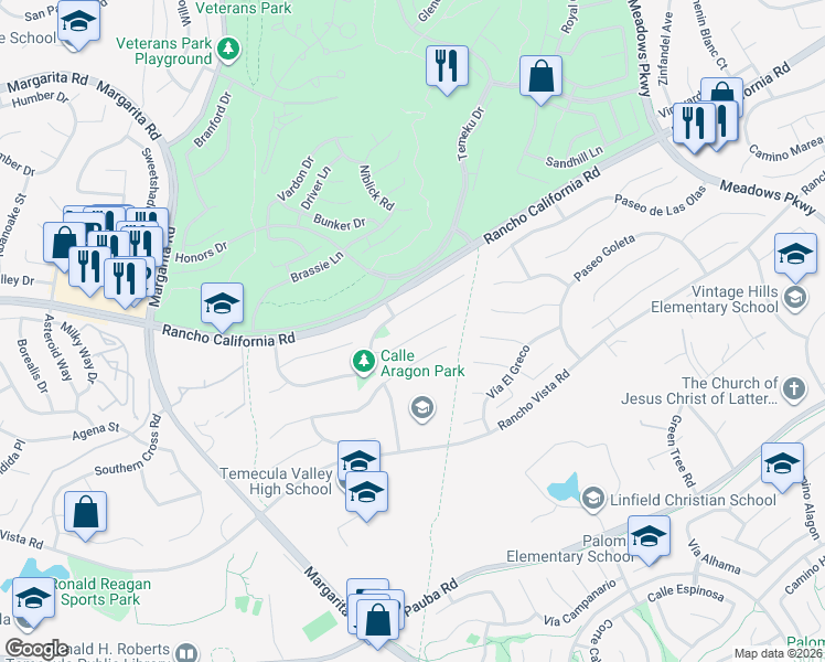 map of restaurants, bars, coffee shops, grocery stores, and more near 31256 Corte Talvera in Temecula