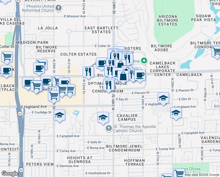 map of restaurants, bars, coffee shops, grocery stores, and more near in Phoenix