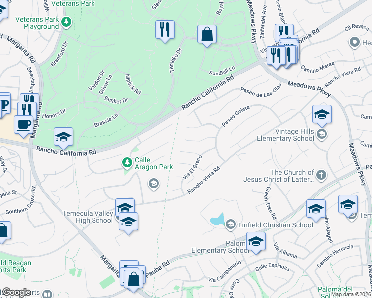 map of restaurants, bars, coffee shops, grocery stores, and more near 31384 Corte Tunas in Temecula