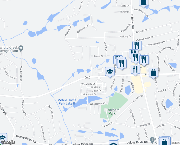 map of restaurants, bars, coffee shops, grocery stores, and more near 104 Shadygrove Drive in Augusta
