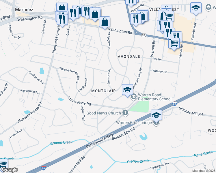 map of restaurants, bars, coffee shops, grocery stores, and more near 211 Simmons Court in Augusta