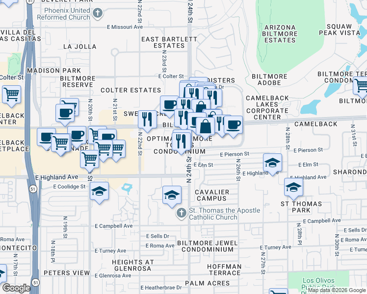 map of restaurants, bars, coffee shops, grocery stores, and more near in Phoenix