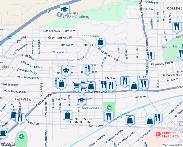 map of restaurants, bars, coffee shops, grocery stores, and more near 1308 4th Terrace West in Birmingham