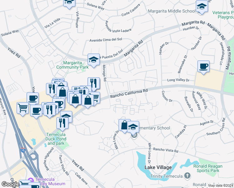 map of restaurants, bars, coffee shops, grocery stores, and more near 2 Rancho California Road in Temecula