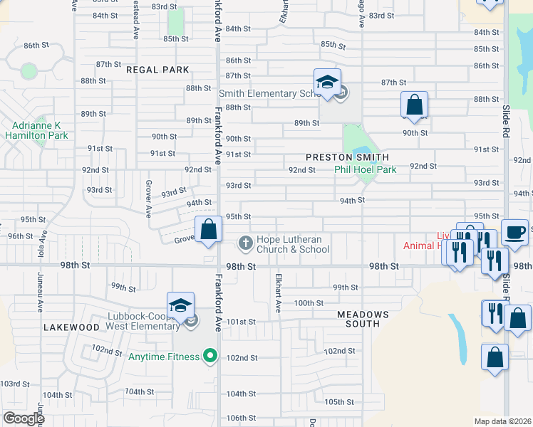 map of restaurants, bars, coffee shops, grocery stores, and more near 5717 93rd Street in Lubbock