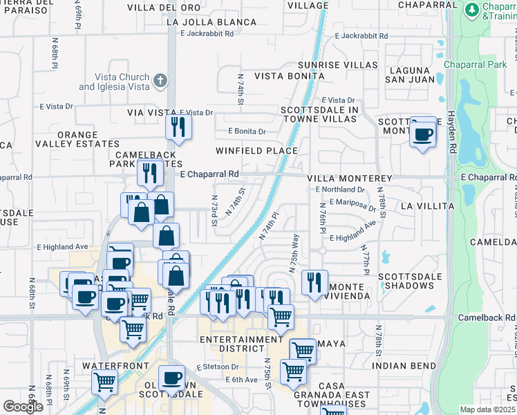map of restaurants, bars, coffee shops, grocery stores, and more near 4916 North Woodmere Fairway in Scottsdale