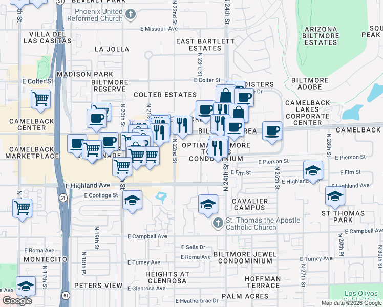 map of restaurants, bars, coffee shops, grocery stores, and more near 2201 East Camelback Road in Phoenix
