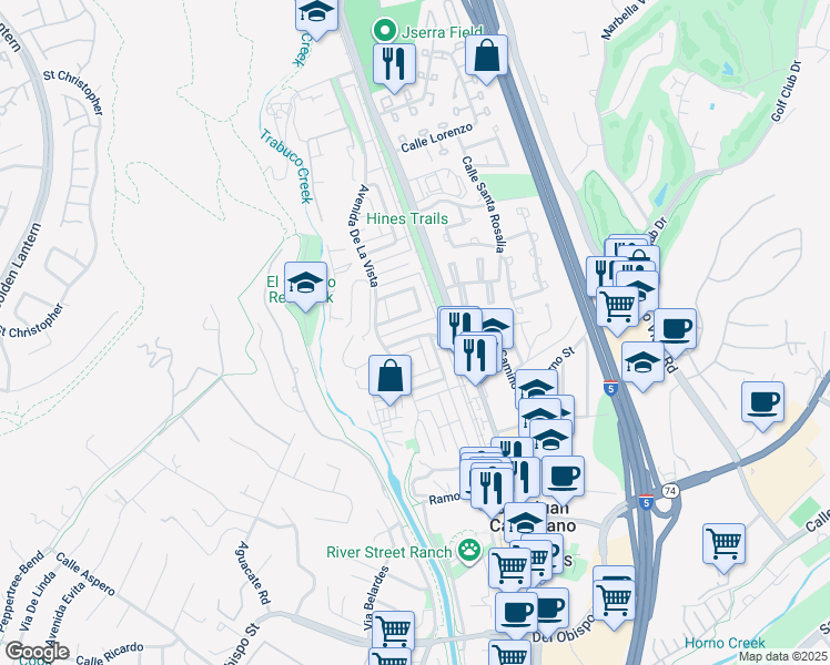 map of restaurants, bars, coffee shops, grocery stores, and more near 26537 La Zanja Street in San Juan Capistrano