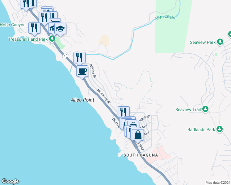 map of restaurants, bars, coffee shops, grocery stores, and more near 31321 Ceanothus Drive in Laguna Beach