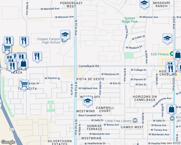 map of restaurants, bars, coffee shops, grocery stores, and more near 9007 West Elm Street in Phoenix