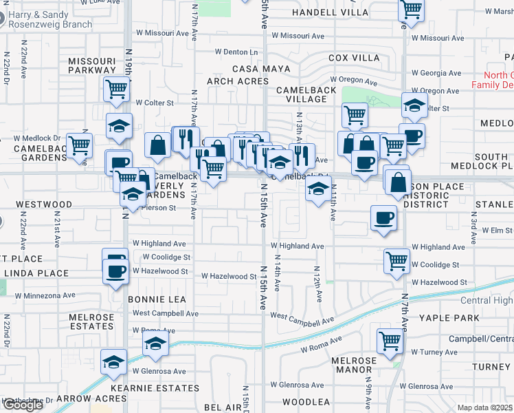 map of restaurants, bars, coffee shops, grocery stores, and more near 4802 North 15th Avenue in Phoenix