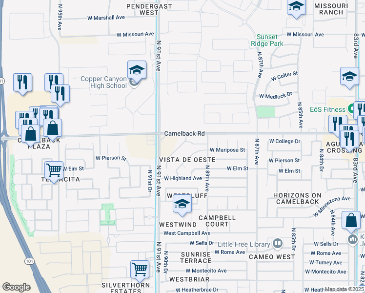 map of restaurants, bars, coffee shops, grocery stores, and more near 9007 West Elm Street in Phoenix