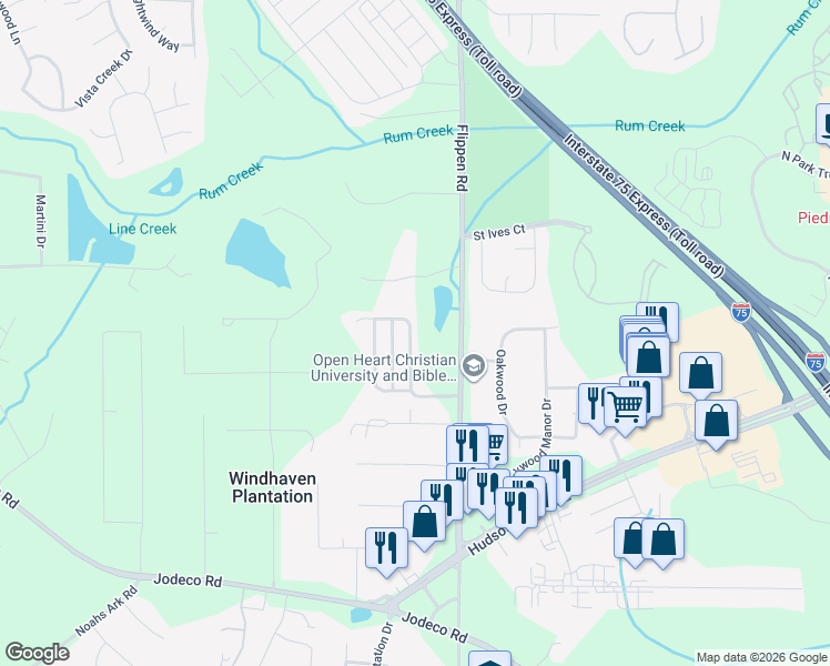 map of restaurants, bars, coffee shops, grocery stores, and more near 134 Watercress Court in Stockbridge