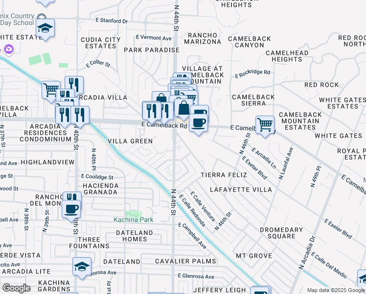 map of restaurants, bars, coffee shops, grocery stores, and more near 4440 East Lafayette Boulevard in Phoenix