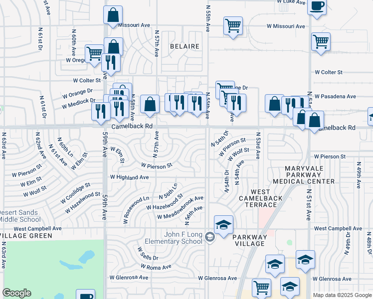 map of restaurants, bars, coffee shops, grocery stores, and more near 5524 West Pierson Street in Phoenix