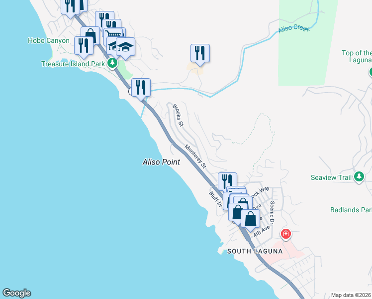map of restaurants, bars, coffee shops, grocery stores, and more near 31321 Monterey Street in Laguna Beach