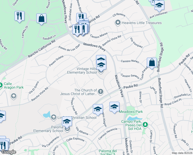 map of restaurants, bars, coffee shops, grocery stores, and more near 42245 Camino Romo in Temecula