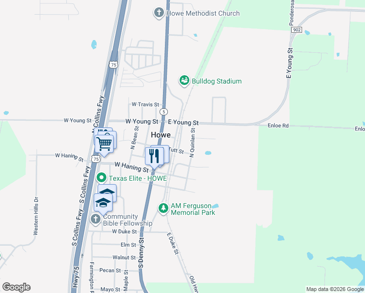 map of restaurants, bars, coffee shops, grocery stores, and more near 403 North Carter Street in Howe