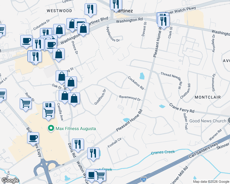 map of restaurants, bars, coffee shops, grocery stores, and more near 3318 Sandpiper Lane in Augusta