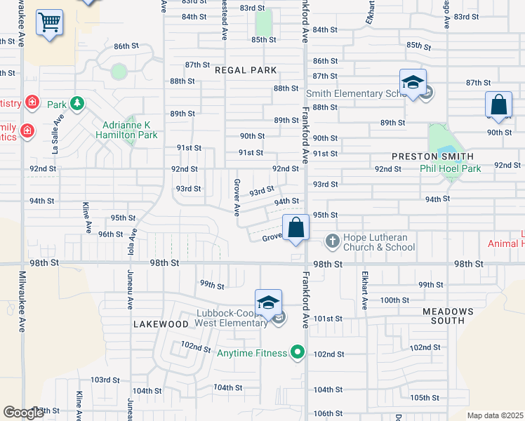 map of restaurants, bars, coffee shops, grocery stores, and more near 5901 94th Street in Lubbock