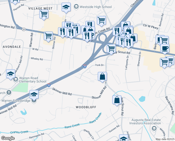 map of restaurants, bars, coffee shops, grocery stores, and more near 2672 York Drive in Augusta