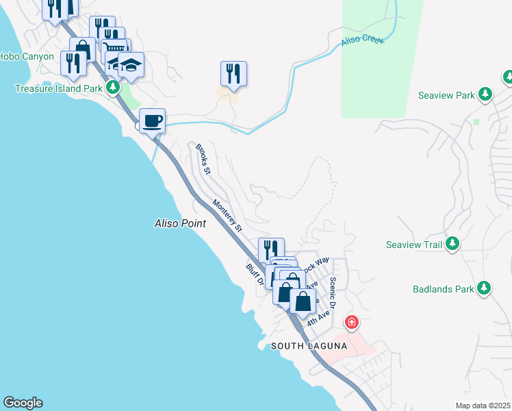 map of restaurants, bars, coffee shops, grocery stores, and more near 31321 Ceanothus Drive in Laguna Beach