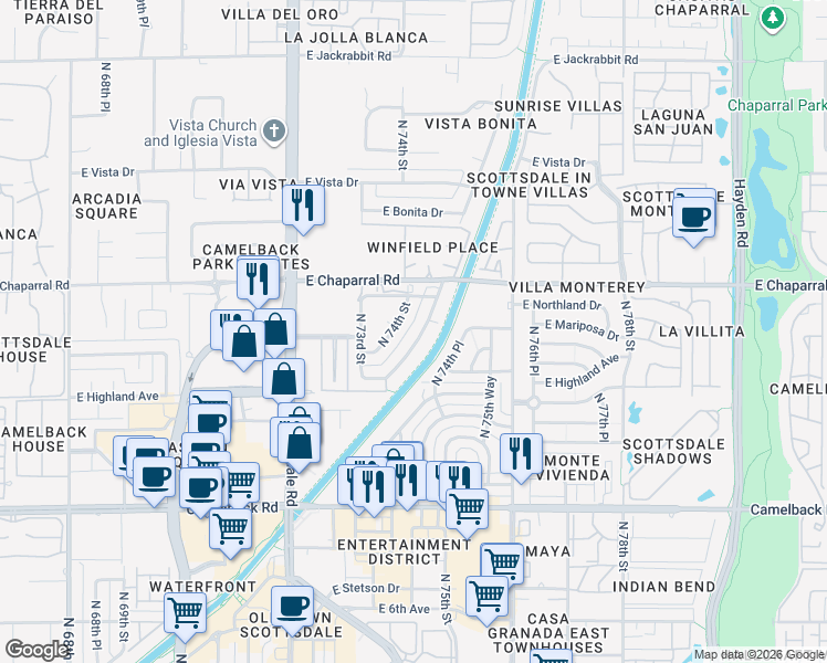 map of restaurants, bars, coffee shops, grocery stores, and more near 4916 North Woodmere Fairway in Scottsdale