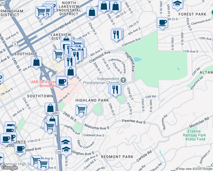map of restaurants, bars, coffee shops, grocery stores, and more near 2944 Rhodes Circle South in Birmingham