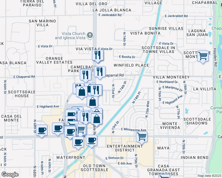 map of restaurants, bars, coffee shops, grocery stores, and more near 4925 North Scottsdale Road in Scottsdale