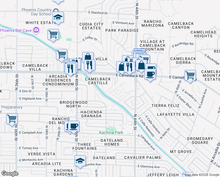 map of restaurants, bars, coffee shops, grocery stores, and more near 4916 North 42nd Way in Phoenix