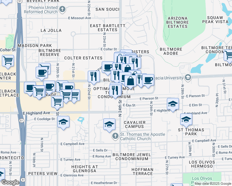 map of restaurants, bars, coffee shops, grocery stores, and more near in Phoenix