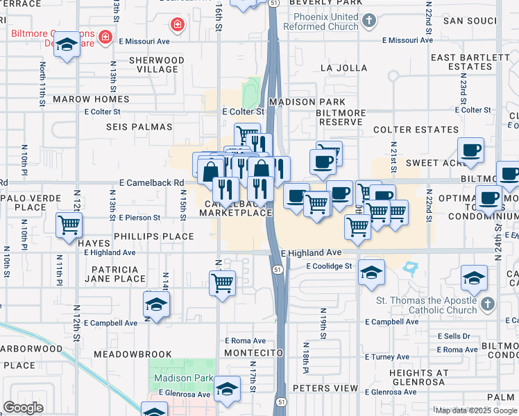 map of restaurants, bars, coffee shops, grocery stores, and more near 1641 E Camelback Rd in Phoenix