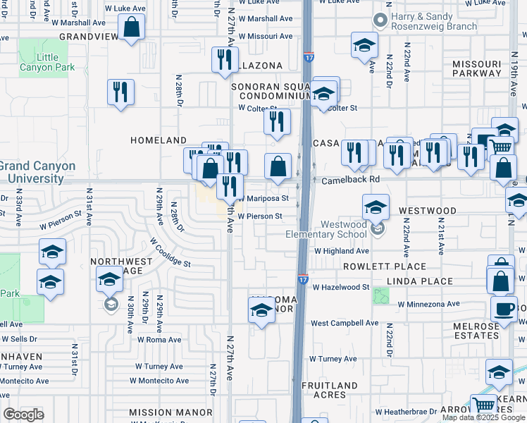 map of restaurants, bars, coffee shops, grocery stores, and more near 2535 West Mariposa Street in Phoenix