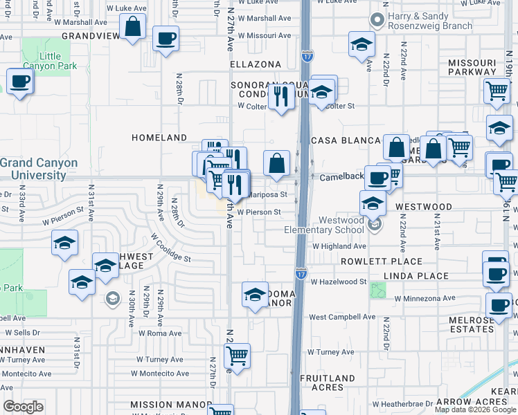map of restaurants, bars, coffee shops, grocery stores, and more near 2535 West Mariposa Street in Phoenix