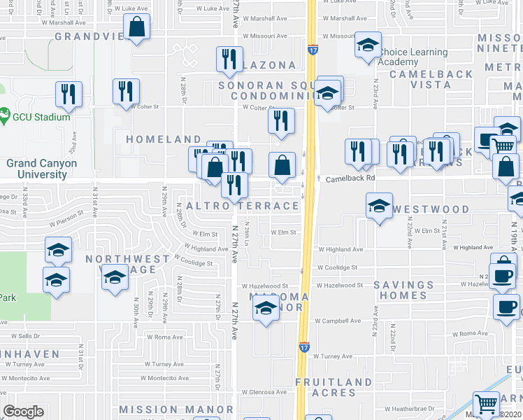 map of restaurants, bars, coffee shops, grocery stores, and more near 2621 West Mariposa Street in Phoenix