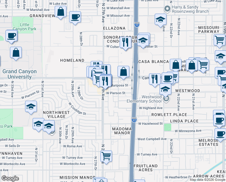 map of restaurants, bars, coffee shops, grocery stores, and more near 2621 West Mariposa Street in Phoenix