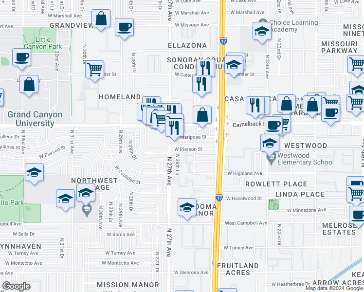 map of restaurants, bars, coffee shops, grocery stores, and more near 2621 West Mariposa Street in Phoenix